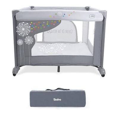 Parque infantil bebé 106 x 106 cm, corredor dobrável com base acolchoada porta frontal e rodas, design robusto e saco de transporte SQUARE dente-de-leão cinzento ASALVO