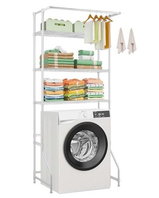 VEVOR Opbergrek voor wasmachine en droger, 3-traps wasrek met kledingstang en haken, verstelbare wasmachinerek, voor opslag en organisatie, wit