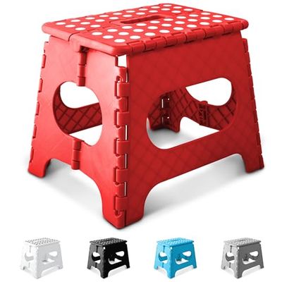 KEPLIN 11 Inch Heavy Duty Folding Step Stool | Non-Slip Foldable Footstool for Toddlers, Children & Adults | Portable, Lightweight Plastic Footstep w/Carrying Handle for Indoor or Outdoor (Red)
