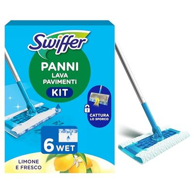 Swiffer Wet Lavapavimenti Kit, 1 Scopa e 6 Panni Umidi, Limone, Maxi Formato, Lava Pavimenti, Pulizia Igienica Profonda, Rimuove Sporco e Batteri, Per Tutti I Tipi di Pavimenti