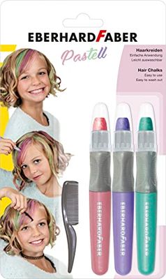 Eberhard Faber 579202 - Haarkrijt pastel, set met 3 kleuren en haarkam, makkelijk in gebruik, makkelijk uitwasbaar, voor trendy kapsels en nieuwe haarkleuren