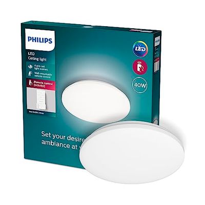 Philips LED Izso, Plafoniera Rotonda + telecomando, Luce Bianca da Calda a Fredda, Dimmer a Fasi, 40W, Bianco