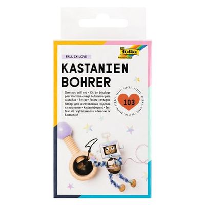 folia 23007 – Kastanjeborr pysselset FALL IN LOVE med trähållare, 2 och 3 mm borrar av metall, set för barn och vuxna, inkl. 100 tandpetare