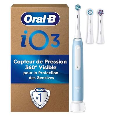 Oral-B Brosse A Dents Electrique iO 3 Bleue, 3 Modes De Nettoyage Dont Blancheur, Brossage Silencieux, Capteur De Pression, 3 Brossettes De Rechange Oral B, Embouts Ronds, Chargeur, En Carton