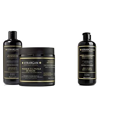 Kerargan - Shampoing et Masque à l’Huile de Ricin, d’Argan - Stimule la Pousse et Réduit les Chutes - 2x500 ml & Après Shampoing à l’huile de Ricin, d’Argan et Camomille - 500 ml