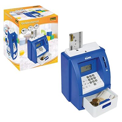 Idena 50060 - Tirelire numérique pour Enfants avec Son, Distributeur de Billets Bleu et Blanc avec Petit écran, Compteur de pièces et Une Carte de crédit protégée par Un Code PIN