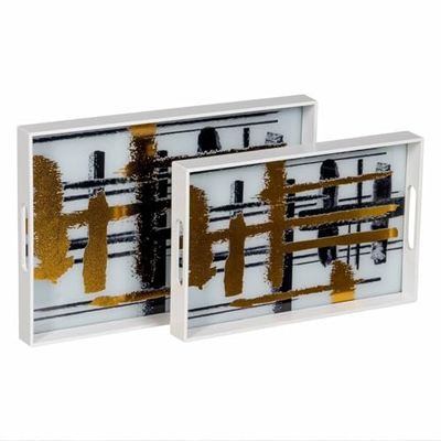 BigBuy Home Vassoio per Snack Bianco Nero Oro PVC Cristallo Astratto 45 x 31 x 4,2 cm (2 Pezzi)