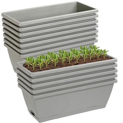 Lysjtsr Lot de 12 jardinières rectangulaires en Plastique avec Trous de Drainage et Plateaux pour intérieur et extérieur, terrasse, Jardin, décoration d'intérieur, Porche, Cour (Gris)