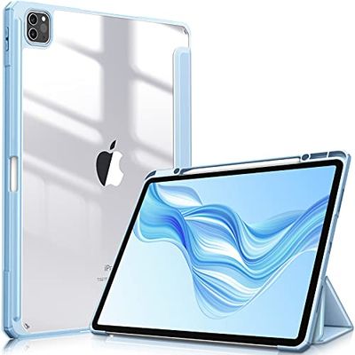 Fintie Funda Durable Compatible con iPad Pro 12,9" (2022/2021/2020/2018-6.ª, 5.ª, 4.ª y 3.ª Gen) Carcasa con Portalápiz Trasera Transparente a Prueba de Choques, Azul Claro