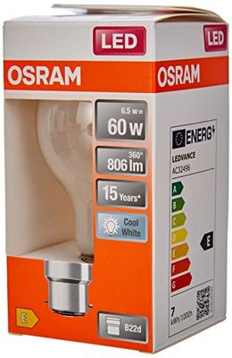 OSRAM LED lamp, Base: B22d, Koel wit, 4000 K, 6,50 W, vervanging voor 60 W gloeilamp, frosted, LED Retrofit CLASSIC A Pack van 6