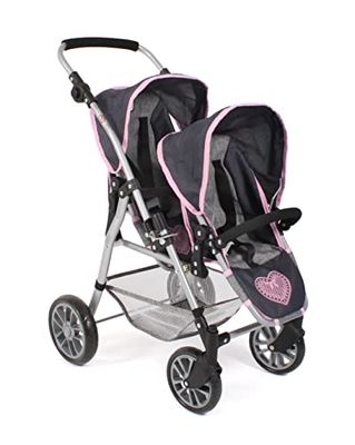 Bayer Chic 2000 - Twinny poppenwagen, dubbele poppenwagen voor twee poppen, dubbele buggy voor kinderen van 4 tot 8 jaar, gemêleerd grijs-marineblauw
