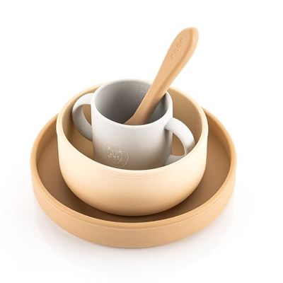 reer Siliconen serviesset, kinderservies, 4-delig, borden, kom, beker en lepel, voedselveilige siliconen, geschikt voor oven, magnetron en vriezer, vaatwasmachinebestendig, beige