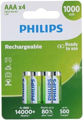 PHILIPS Pilhas AAA - pilhas recarregáveis HR03 - NiMH 1,2 V - 500 recarregáveis