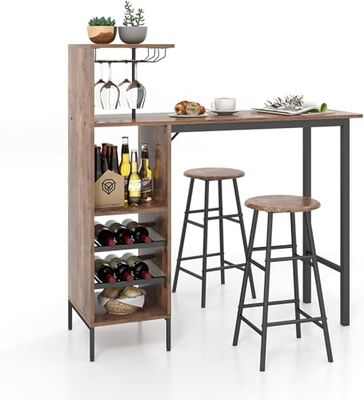 FANTASK Mesa de Bar con 2 taburetes de Bar, Mesa de Bar de Madera para 2 Personas con Soportes en café, mostrador de Cocina para Copas de Vino y Botellas
