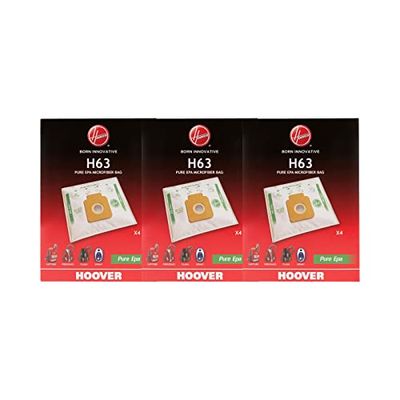 Hoover H63 Vacuum Cleaner Bags, Original, Microfibre, Pure EPA, Anti-Odour System with Activated Carbon, Compatible with Hoover Cylinder Vacuums, 4 Pieces * 3 packs