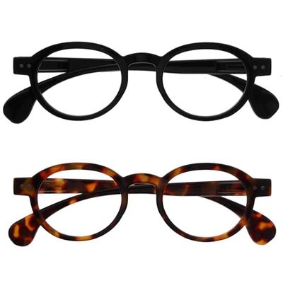 OPULIZE OCA Reading Glasses - 2-Pack - Modern Retro Round Frame - Black Brown - Mens Womens - Spring Hinges - RR54-12 - +1.50