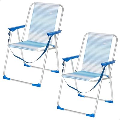 AKTIVE Zestaw 2 składanych krzeseł wielofunkcyjnych na plażę, do ogrodu, na taras lub na kemping, niebieskie i białe paski, 44 x 45 x 76 cm, stoper zapobiegający przewróceniu, obciążenie 110 kg,