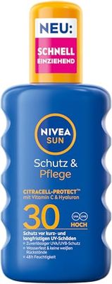 NIVEA SUN Protezione e cura Spray solare SPF 30, protezione solare impermeabile con vitamina C e acido ialuronico, protezione solare ad assorbimento rapido per 48 ore di umidità (200 ml)