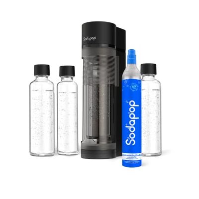 Sodapop Logan - Kit de iniciación con cilindro de CO₂ y 3 botellas de cristal, color negro mate, altura 42,6 cm