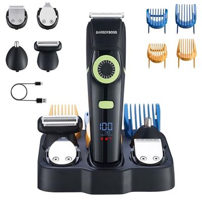 BarberBoss Men’s Hair Clippers, Beard Grooming Kit for Men, Ear & Nose Hair Trimmer for Men, Precision Dial, Ceramic Blade, 4 Guide Combs, Waterproof, LED Display