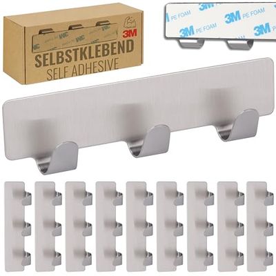 RICOO Ganci Adesivi in Acciaio Inox, Modello MH020-10, Attaccapanni Adesivo per Bagno e Cucina con 3 Ganci, Dimensioni 12 x 3 x 1,7 cm, Stile Moderno, Set di 10, Argento.