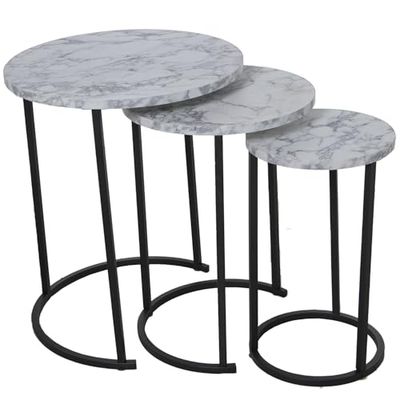 SET 3 MESAS AUX. MADERA PATASMETAL NEGRAS, EFECTO MARMOL BL_°48X58+°38X52,5+°28X48CM