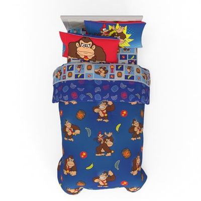 Franco Collectibles Nintendo Donkey Kong Set de Ropa de Cama 5 Piezas, edredón Reversible Muy Suave con sábanas y Funda de Almohada, tamaño Individual (Producto con Licencia Oficial)