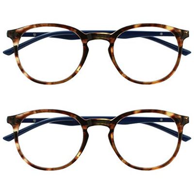 Opulize Met 2 Pack Brown Tortoiseshell Navy Blue Reading Glasses Large Round Mens Womens Spring Hinges RR60-2 +2.00