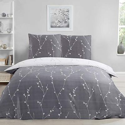 Sleepdown Willow - Set Copripiumino Reversibile con Stampa Floreale, Colore: Grigio, Ultra Morbido, Facile da Pulire, ipoallergenico, 135 x 200 cm + 1 Federa 80 x 80 cm