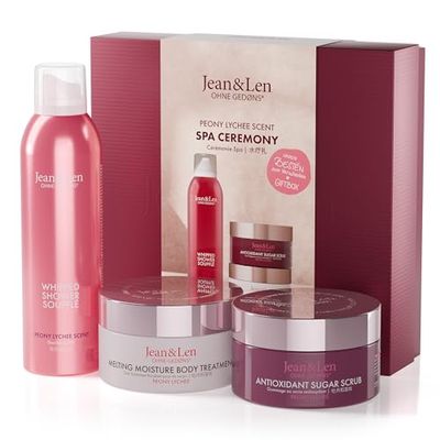 Jean & Len Cérémonie Spa Pivoine et Litchi, Coffret Cadeau avec 3 Produits pour Le Corps et l’Esprit, Boîte Certifiée FSC, Végan