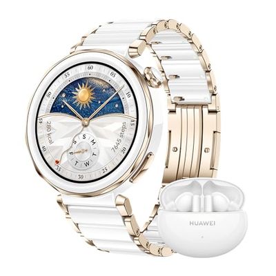 HUAWEI WATCH GT 5 Pro 42mm Smartwatch, elegante, Nuova modalità corsa e ciclismo, Monitoraggio della salute, 7 giorni di durata, GPS, chiamata Bluetooth, iOS e Android, Bianco + FreeBuds 5i Bianca