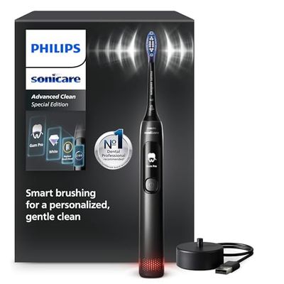 Brosse à dents électrique Philips Sonicare AdvancedClean série limitée – écran intelligent, capteur de pression, tête de brosse de rechange, 5 modes de brossage et SmarTimer, noir, modèle HX3792/11
