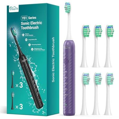 Spazzolino da denti elettrico per adulti con 6 testine di spazzolatura, spazzolino da denti acustico ricaricabile, ultra lunga durata di vita della batteria, 4 ore di ricarica e 180 giorni di