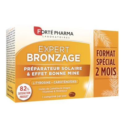 Forté Pharma Expert Bronzage - Complément alimentaire pour bronzer - Prépare, active, prolonge le bronzage - Caroténoïdes, Huile d'Onagre, Vitamines E B3 C, Oligo-éléments - 56 comprimés, 1/jour