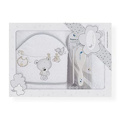 Interbaby P1182-18 Cape de Bain Con Capuche Tendedero OSO Blanc/Gris Con Ensemble Peigne Et Brosse pour Bébé