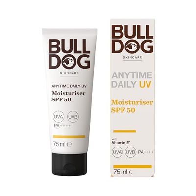 BULLDOG SKINCARE Anytime Daily UV Moisturiser SPF 50 For Men 75 ml, Sunflower Seed Extract, Protects & Hydrates Skin, Suitable For All Skins