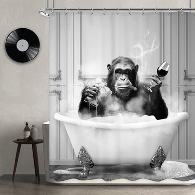 Newsely Grappige aap douchegordijn 182 x 183 cm chimpansee in badkuip zwart wit dier dieren dieren jongens mannen douchegordijn badkamer set moderne koele waterdichte bad decoratie accessoires