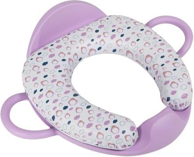 Reductor de inodoro blando para niños de color lila, con dos asas, un respaldo y un asiento grande, lavable y reutilizable