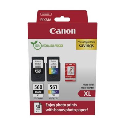 Canon PG-560 XL CL-561 XL Value Pack de 2 Cartouches (Noir XL Couleur XL) +50 Feuilles Papier Photo 10x15cm Certifié (Carton Recyclable 2024)