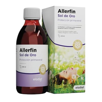 ALLERFIN Sol de Ouro Xarope para os sintomas primavera - Ajuda contra o pólen, pó e ácaros, multivitamínico com vitamina C, A, B1, B2, B3, B5 e B12, Equinácea e magnésio, 300 ml ELADIET