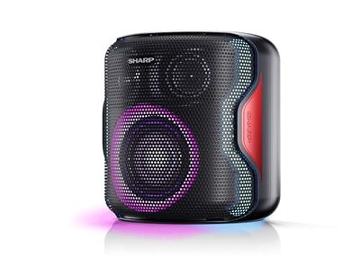 Sharp PS-921(BK) Altavoz Bluetooth portátil con Luces led, Audio 2.1 y 3D. Duo Mode para emparejar con Otro PS-921 en estéreo (TWS) A Prueba de Salpicaduras (IPX5) Adecuado para la Playa, Piscina.