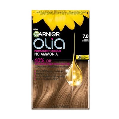 Garnier Olia Permanent Hair Dye, No Ammonia, Full Grey Coverage, Long-lasting Colour & Shine, Vegan Formula, Colour: 7.0 Dark Blonde, 230g