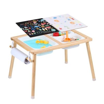 VEVOR Table d'Activités pour Enfants, Table d'Exploration Sensorielle avec 3 Bacs de Rangement et 1 Porte-Papier, Table d’Eau et de Sable en Bois, Intérieure/Extérieure, pour Dessiner et Étudier