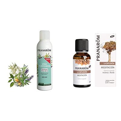 Pranarom Aromaforce - Spray Purificador Ravintsara/árbol Del Té + Eucalipto Bio, color Ravintsara, 150 ml & Pranarom - Difusión - Meditación (bio), 30 ml