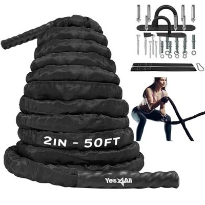 Yes4All Battle Motion träningsrep med skyddskåpa – stålankare och rem ingår – 38 mm/50 mm diameter Poly Dacron 9 m, 12 m, 15 m längd (50 mm - 15 m)