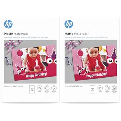 HP Matte Photo Paper, 180 g/m2, 25 Sheets, White, 10 x 15 cm (Pack of 2)