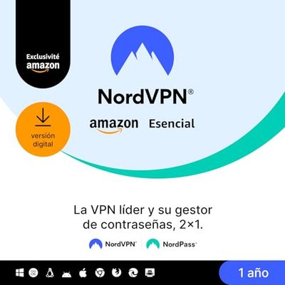 NordVPN Amazon Esencial, 10 dispositivos, 1 año, VPN y gestor de contraseñas, código