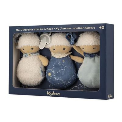 KALOO - Doux Sommeil - 3 Doudous Attache-Tétines - 3 Petits Doudous Moutons - Attache-Sucettes pour Bébé - 15 cm - Bleu et Blanc - Dès la Naissance, K221001