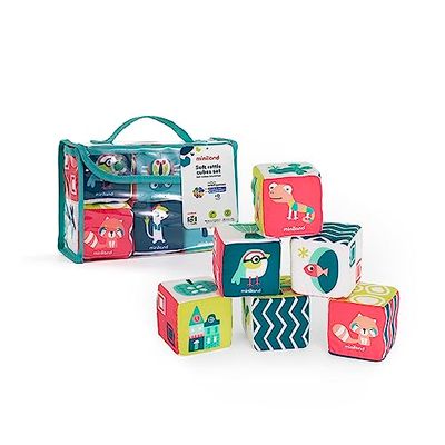 Miniland Set de Cubos blanditos con sonajero para bebé. Juego de estimulación sensorial para niños de 0 a 6 Meses. Colección Feel to Learn.