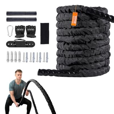 VEVOR Battle Rope Trainingstouw, diameter 38 mm, lengte 9,1 m, polyester trainingstouw, fitness-trainingsuitrusting met anker, spiergevechtouw fitness